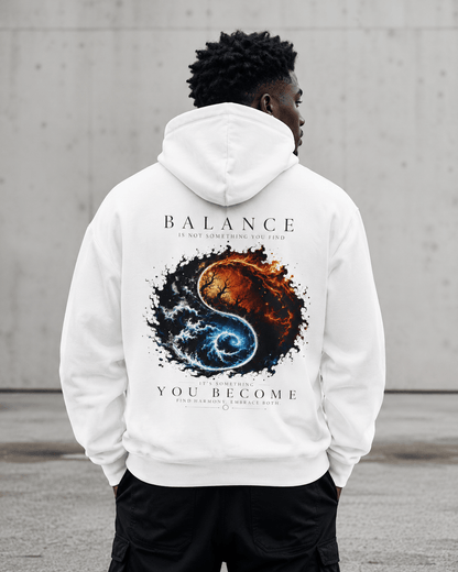 White hoodie with back yin-yang style graphic, pullover hood