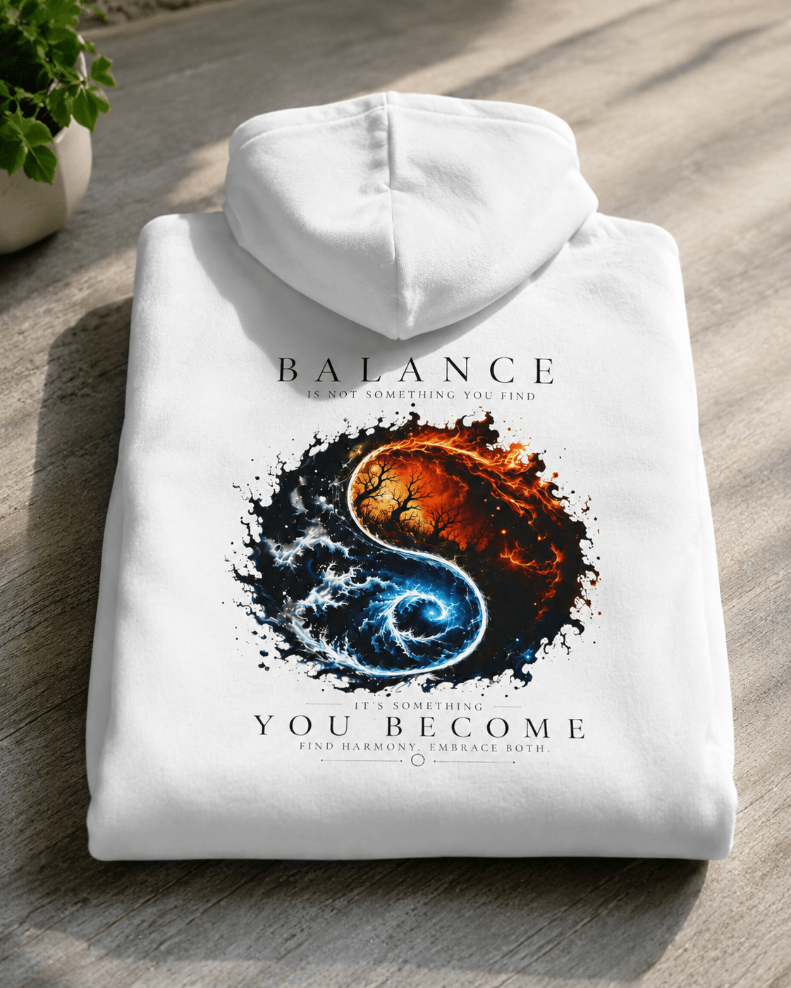 Folded white hoodie with back graphic print and hood