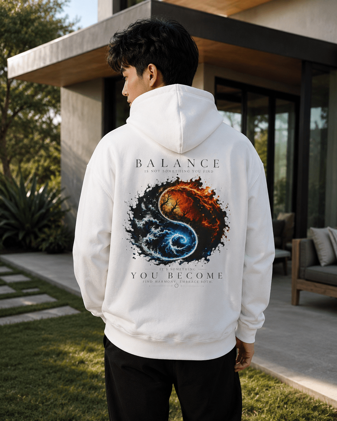 White pullover hoodie with back graphic print and attached hood