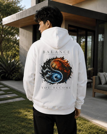 White pullover hoodie with back graphic print and attached hood