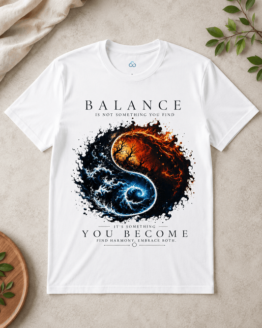 A white short-sleeve graphic T-shirt laid flat on a light beige surface. The shirt features a large central design combining a black-and-white yin-yang style swirl with a fiery orange-red and blue-green split, plus the text 'BALANCE IS NOT SOMETHING YOU FIND' above and 'YOU BECOME' below.
