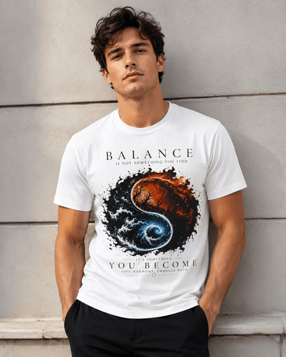 A man wearing a white graphic t-shirt with a yin-yang design featuring a burning planet and a swirling blue galaxy, with the text 'BALANCE IS NOT SOMETHING YOU FIND YOU BECOME' leaning against a light gray concrete wall.