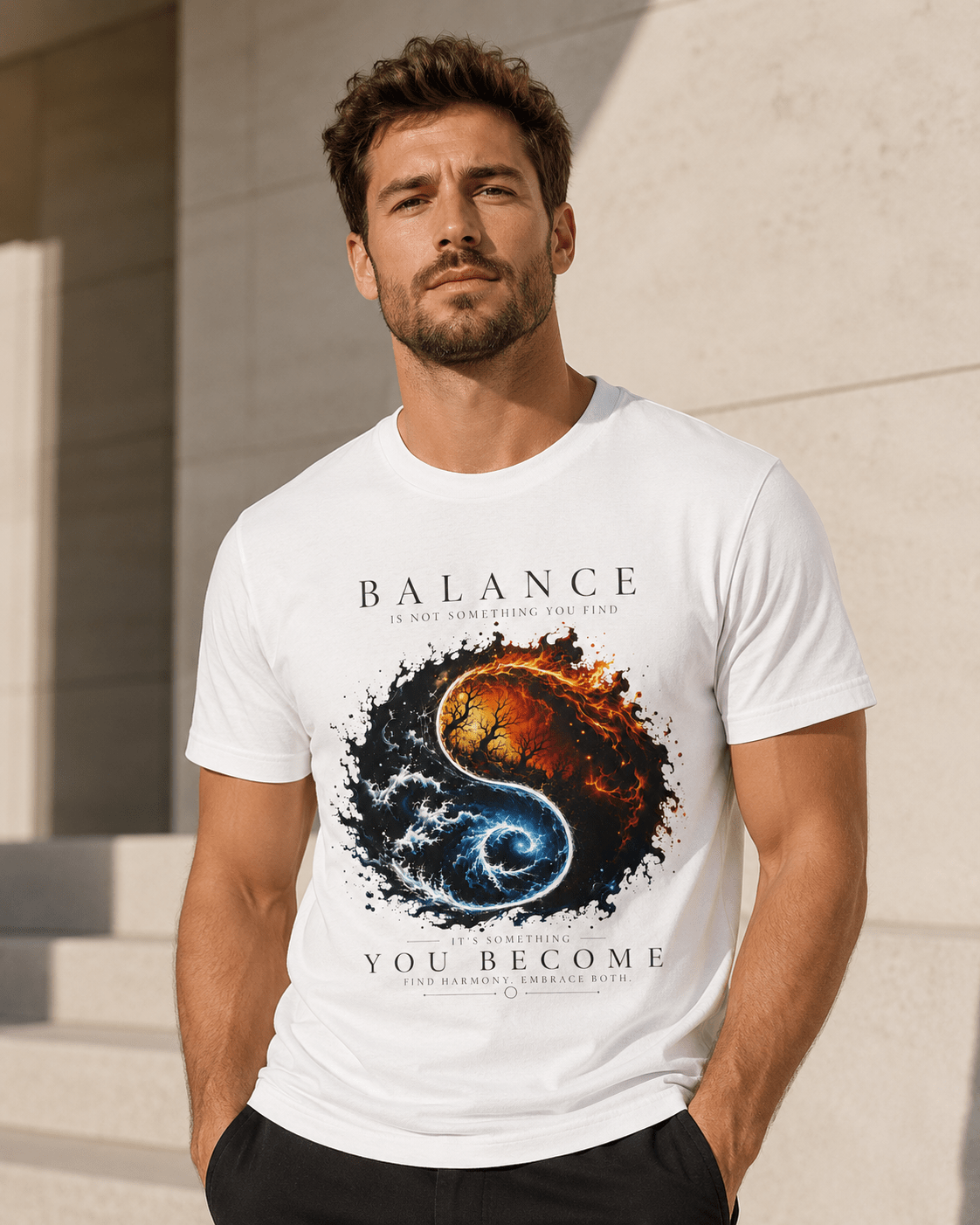 A man wearing a white graphic t-shirt with a yin-yang design featuring a fiery orange/red and a swirling blue/black pattern, with the text 'BALANCE IS NOT STATIC EQUILIBRIUM, IT IS A Dynamic Process' and 'YOU BECOME'.