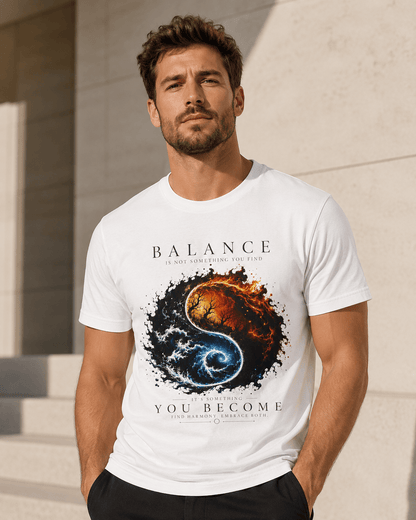 A man wearing a white graphic t-shirt with a yin-yang design featuring a fiery orange/red and a swirling blue/black pattern, with the text 'BALANCE IS NOT STATIC EQUILIBRIUM, IT IS A Dynamic Process' and 'YOU BECOME'.