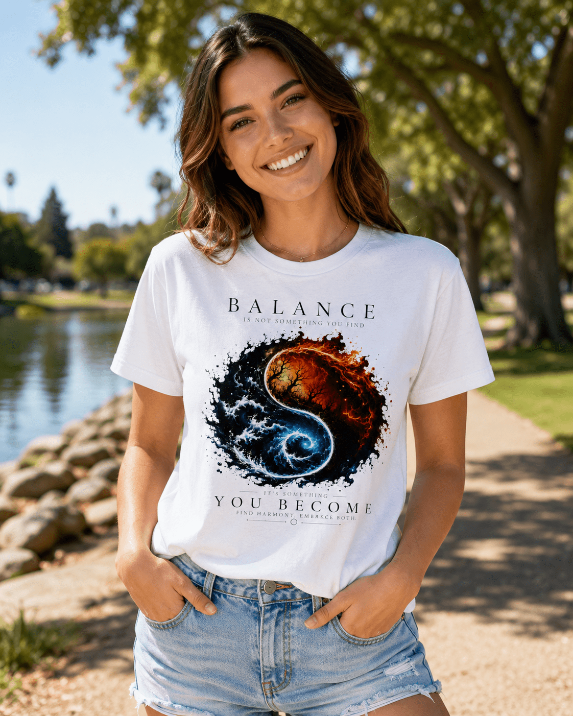 A smiling woman wearing a white graphic T-shirt with a yin-yang style design in black, blue, and orange, paired with light-wash denim shorts, standing outdoors near a lake and trees.