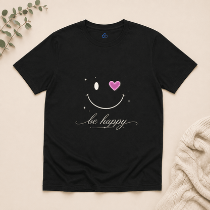 Black T-shirt with smiling face graphic, pink heart and 'be happy' script