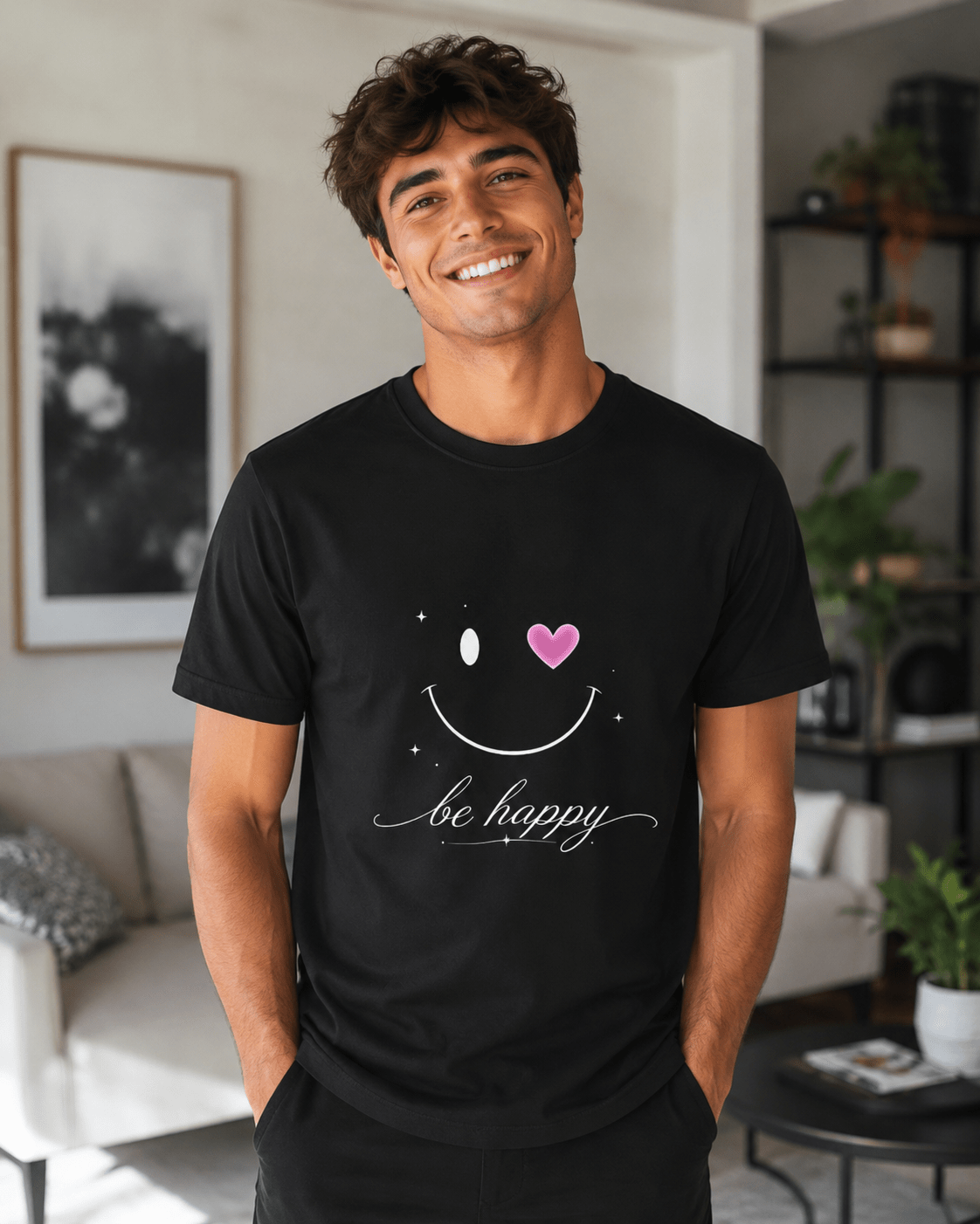 Black T-shirt on man with smiley face graphic, pink heart and 'be happy' script