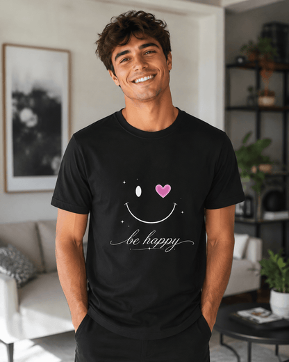 Black T-shirt on man with smiley face graphic, pink heart and 'be happy' script