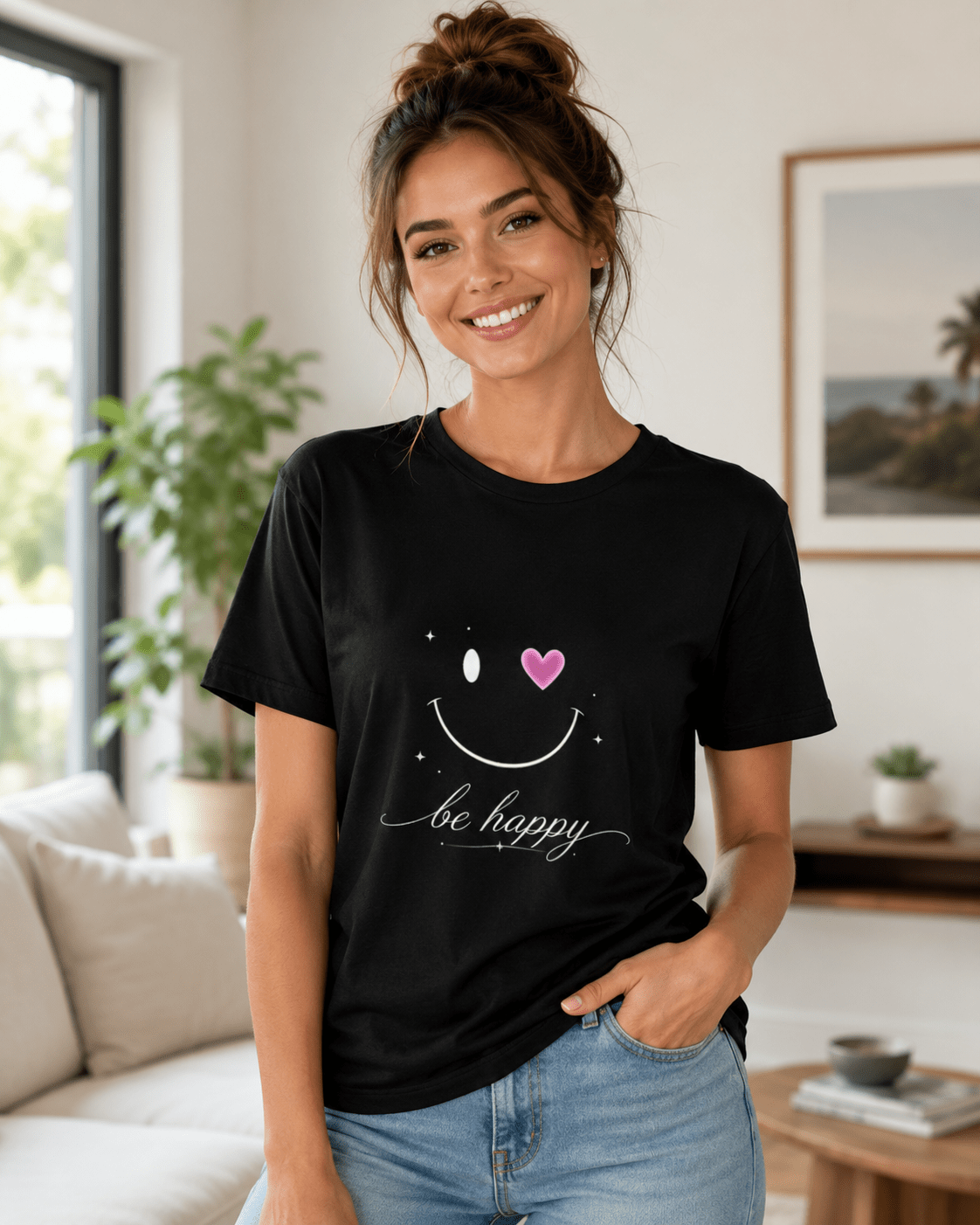 Black T-shirt on woman with smiling face graphic, pink heart and 'be happy' text