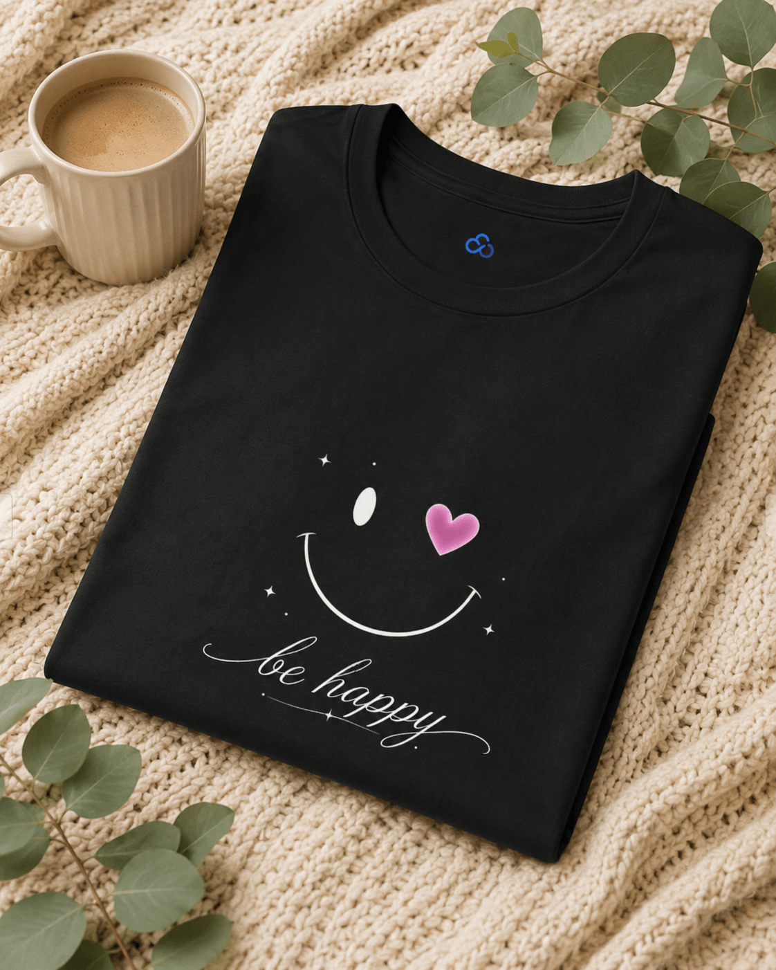 Black T-shirt folded on knit blanket with smiley face graphic and pink heart