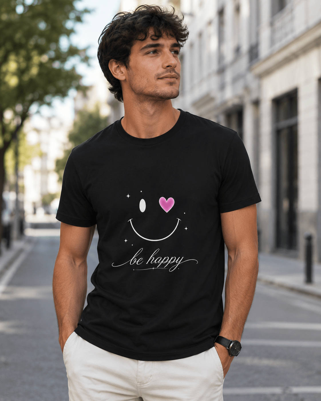 Black T-shirt on man outdoors with smiling face graphic and pink heart