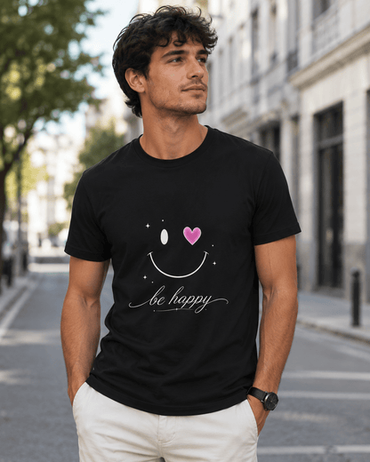 Black T-shirt on man outdoors with smiling face graphic and pink heart