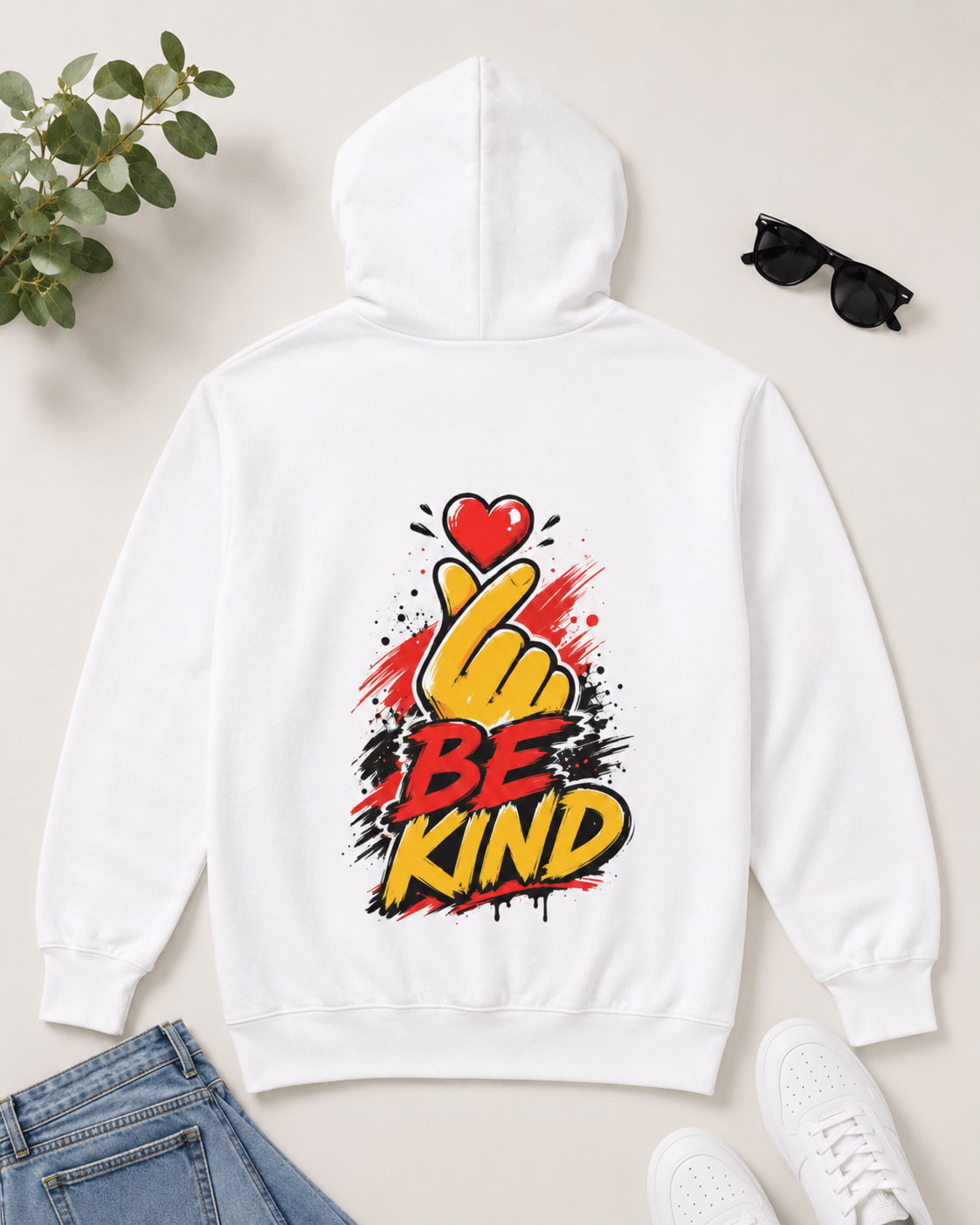White hoodie with hood up and colorful 'Be Kind' heart-and-hand graphic