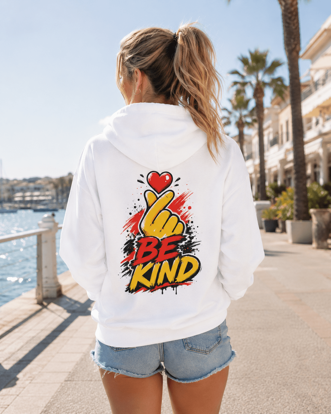 White hoodie worn from behind with 'Be Kind' heart-and-hand graphic