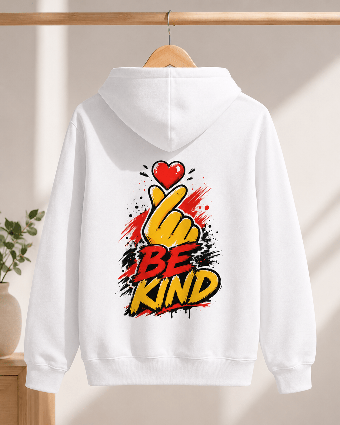 White hoodie hanging with 'Be Kind' heart-and-hand graphic on the back