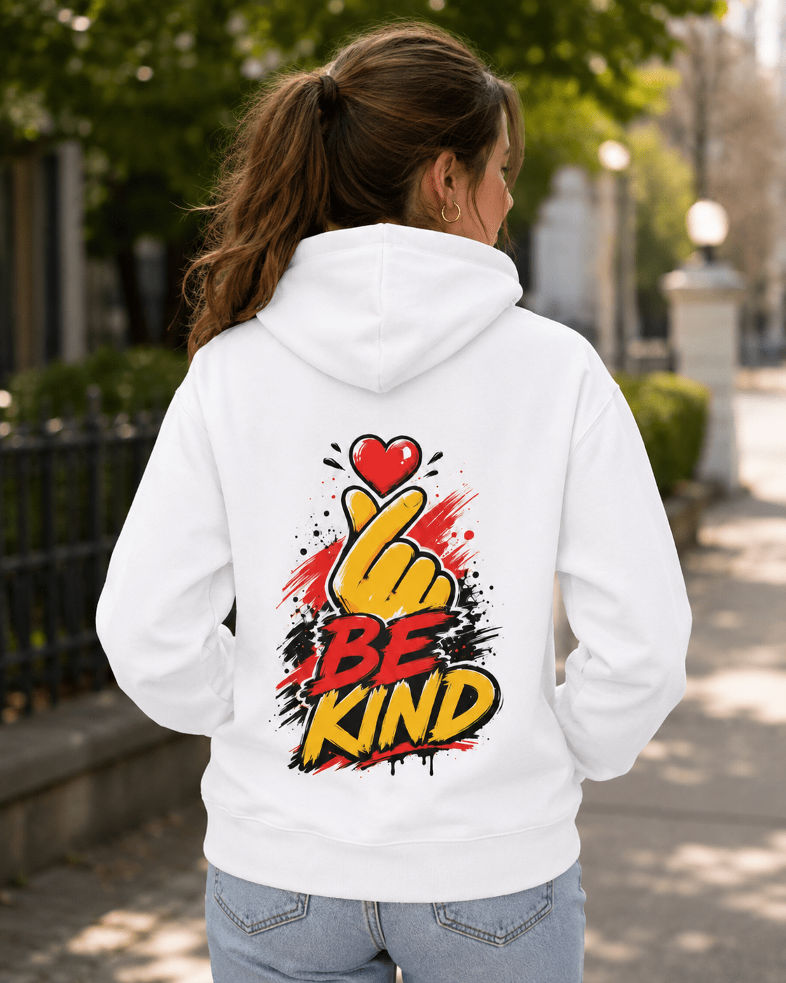 White hoodie worn from behind with 'Be Kind' heart-and-hand graphic, close view