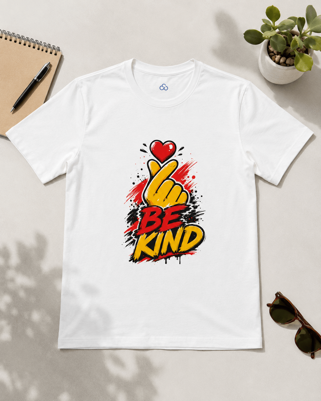 White T-shirt with 'BE KIND' heart and raised hand graphic on chest