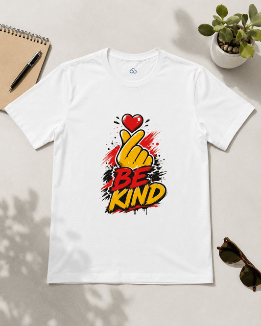 White T-shirt with 'BE KIND' heart and raised hand graphic on chest