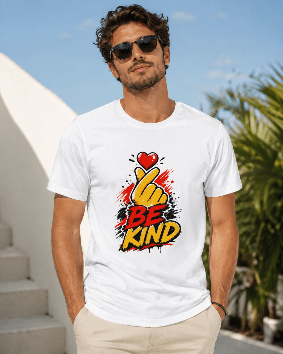 White T-shirt with 'BE KIND' heart and raised hand graphic, worn by man