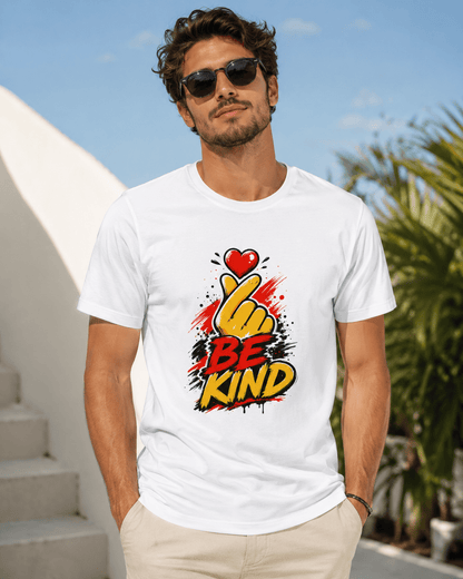 White T-shirt with 'BE KIND' heart and raised hand graphic, worn by man