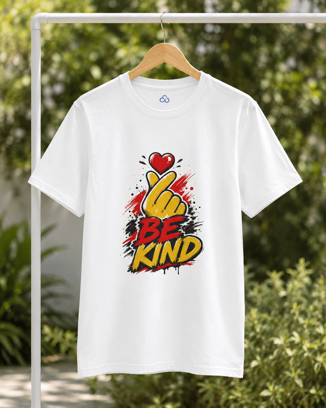 White T-shirt with 'BE KIND' heart and raised hand graphic on front, hanging