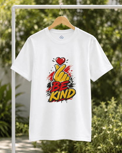 White T-shirt with 'BE KIND' heart and raised hand graphic on front, hanging