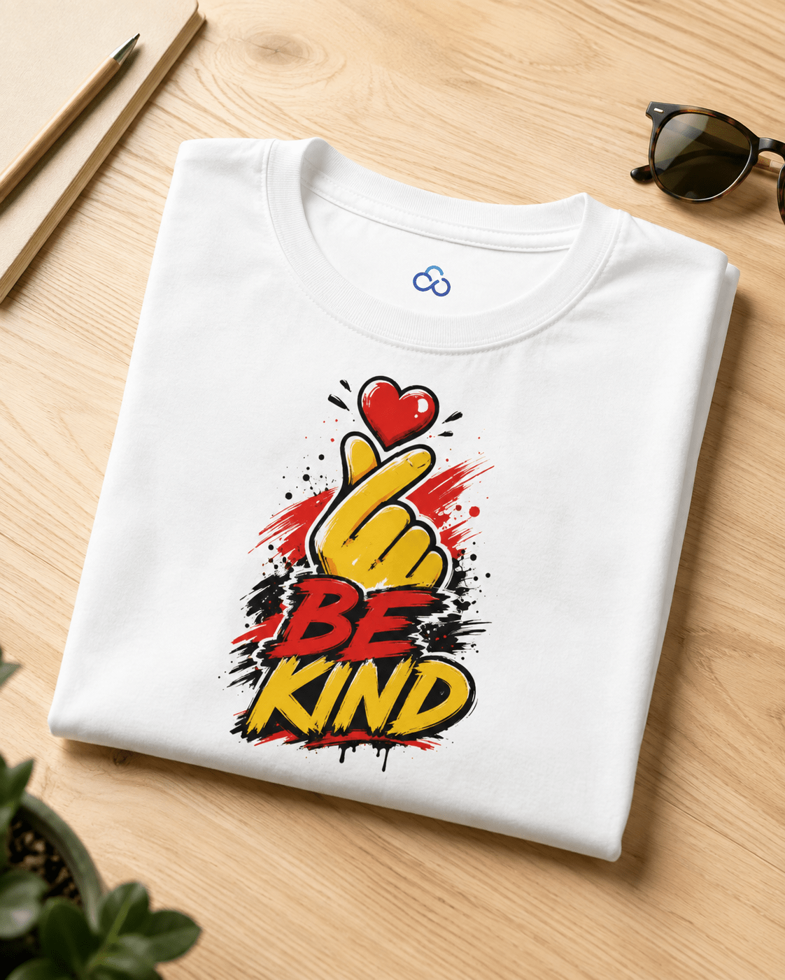 White T-shirt with 'BE KIND' heart and raised hand graphic, folded on tabletop