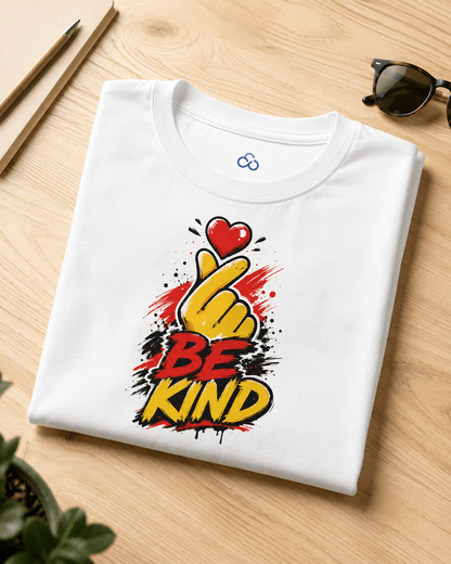 White T-shirt with 'BE KIND' heart and raised hand graphic, folded on tabletop
