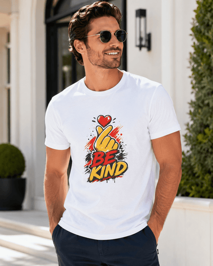 White T-shirt with 'BE KIND' heart and raised hand graphic, model wearing it