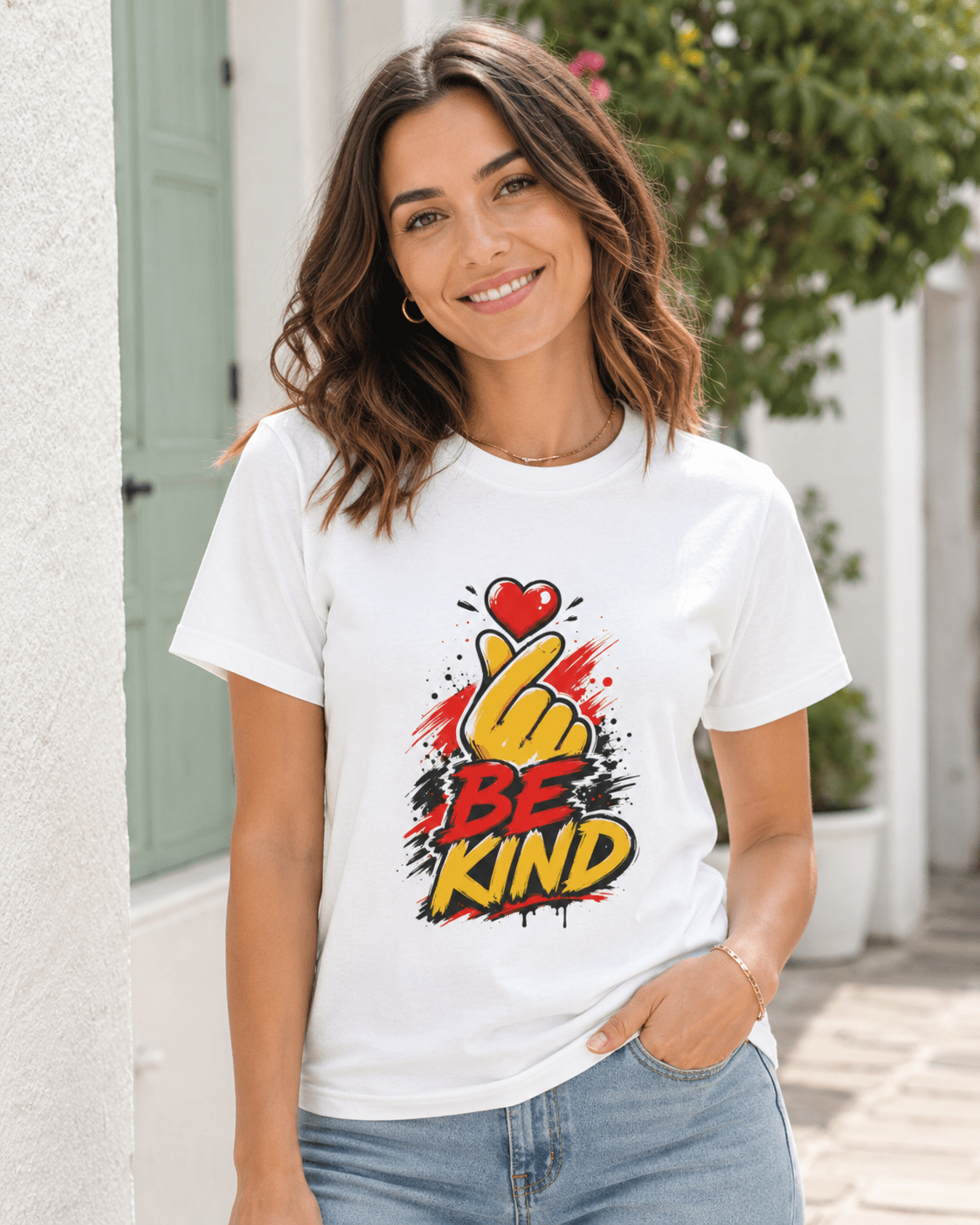 White T-shirt with 'BE KIND' heart and raised hand graphic, worn by woman