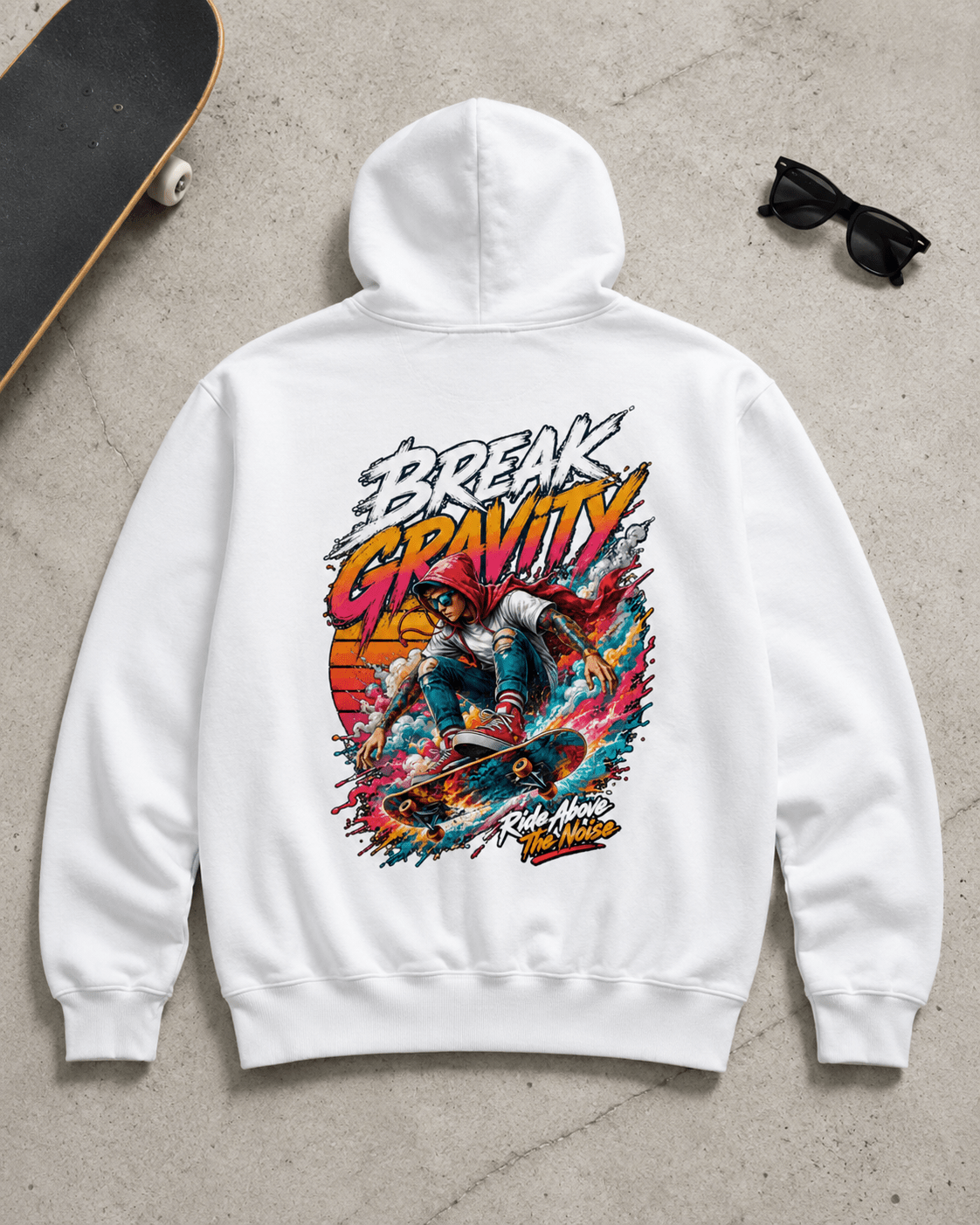 White hooded sweatshirt with large colorful back graphic design