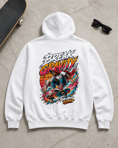 White hooded sweatshirt with large colorful back graphic design
