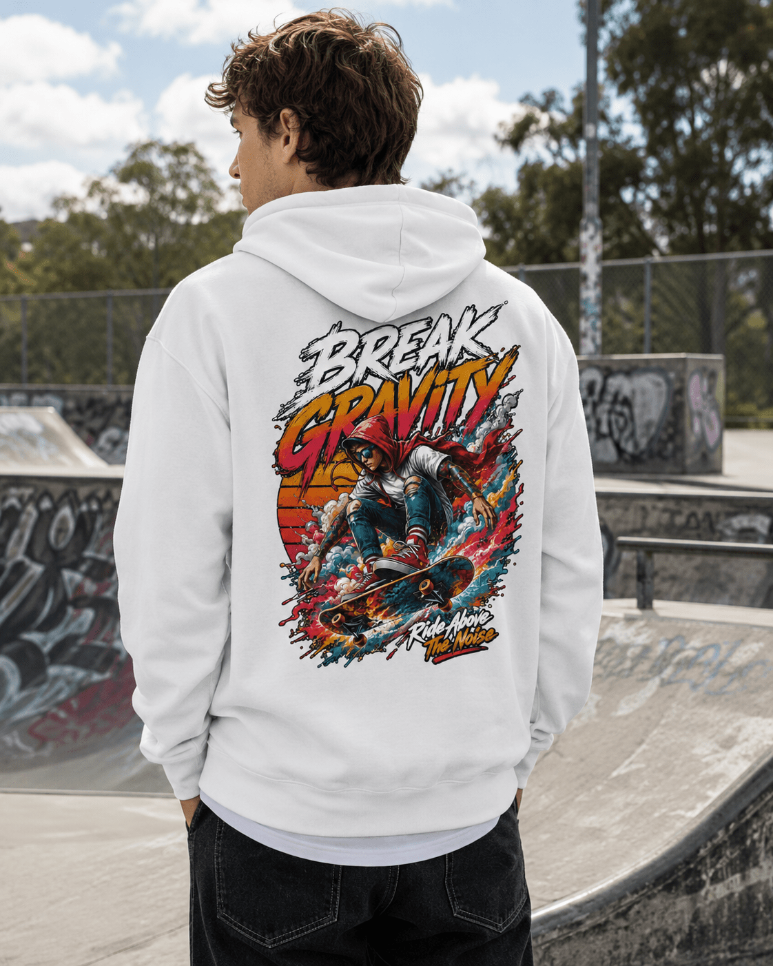 White hooded sweatshirt, back view, full colorful graphic print visible