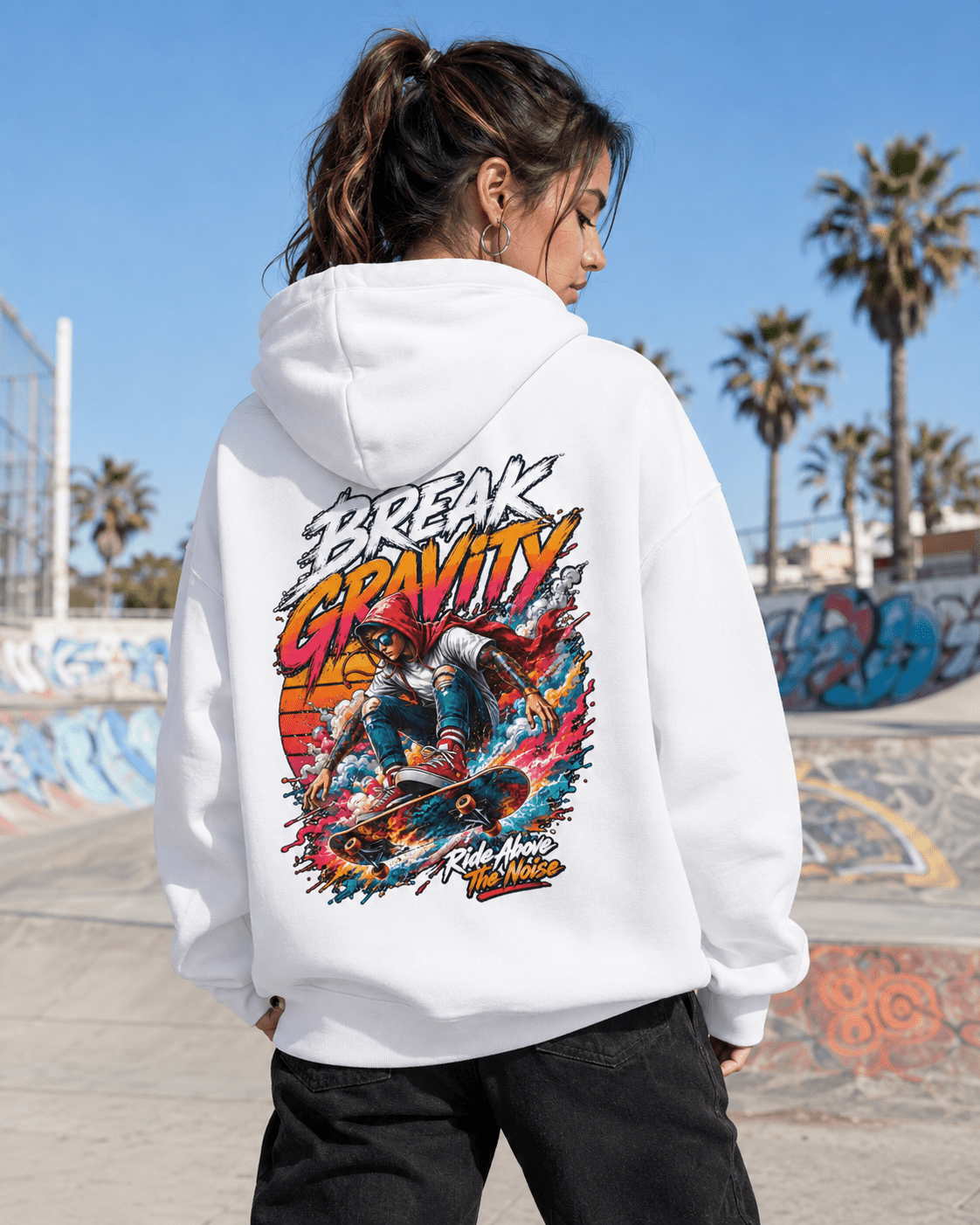 White hooded sweatshirt, back view, colorful action graphic print