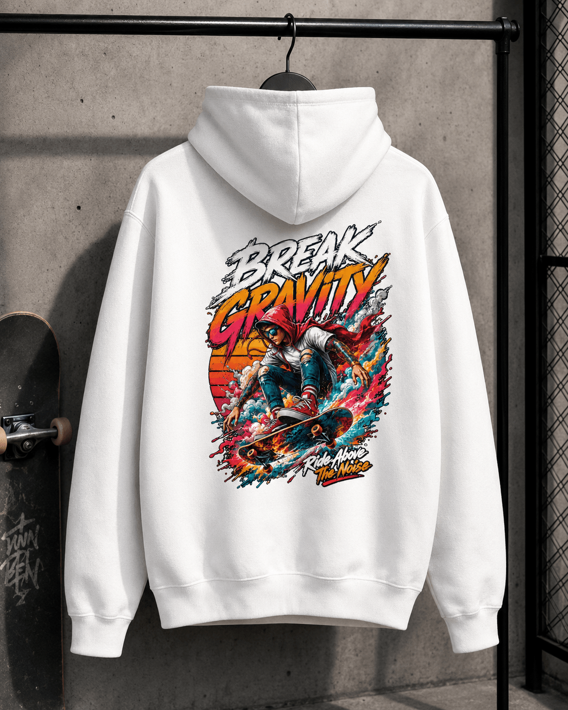White hooded sweatshirt on hanger with colorful back graphic print