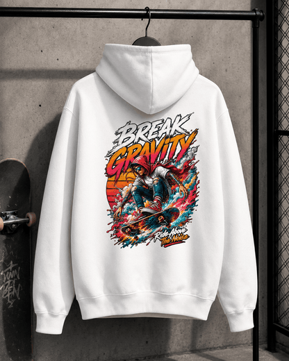 White hooded sweatshirt on hanger with colorful back graphic print