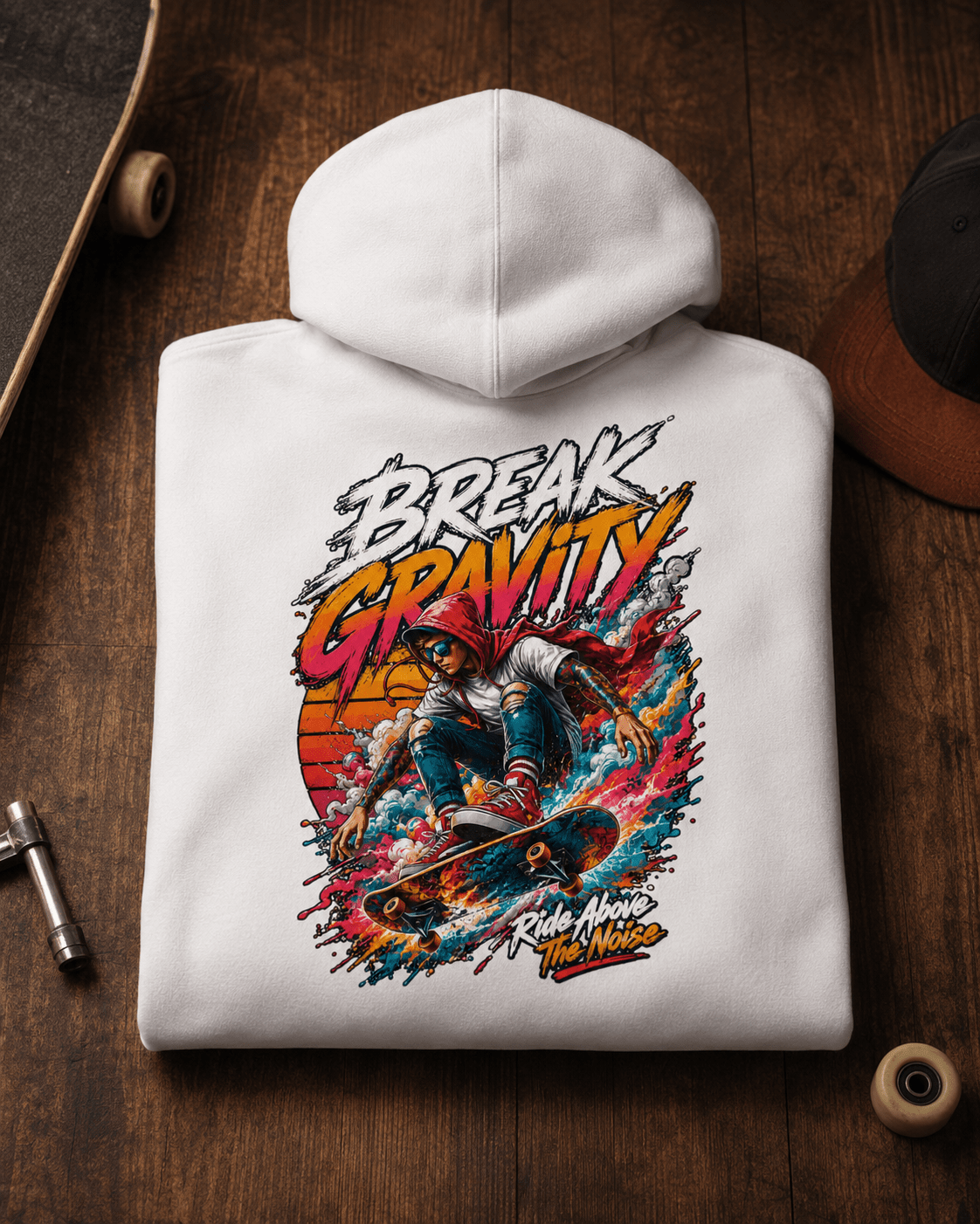 White hooded sweatshirt with large colorful back graphic, laid flat