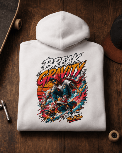 White hooded sweatshirt with large colorful back graphic, laid flat