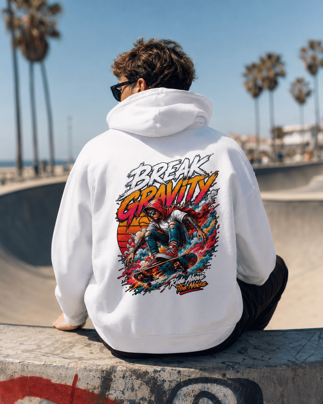 White hooded sweatshirt back view with large colorful action graphic