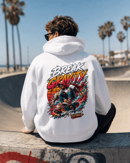 White hooded sweatshirt back view with large colorful action graphic
