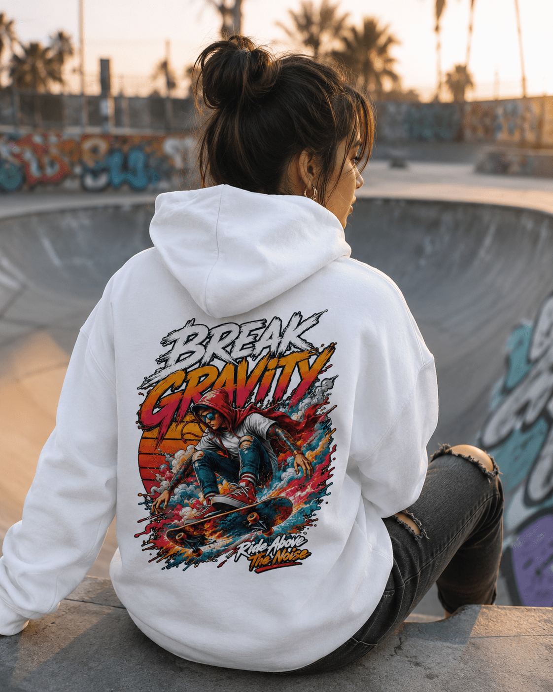 White hooded sweatshirt, back view, large colorful graphic print