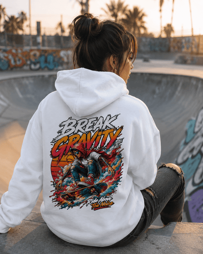 White hooded sweatshirt, back view, large colorful graphic print