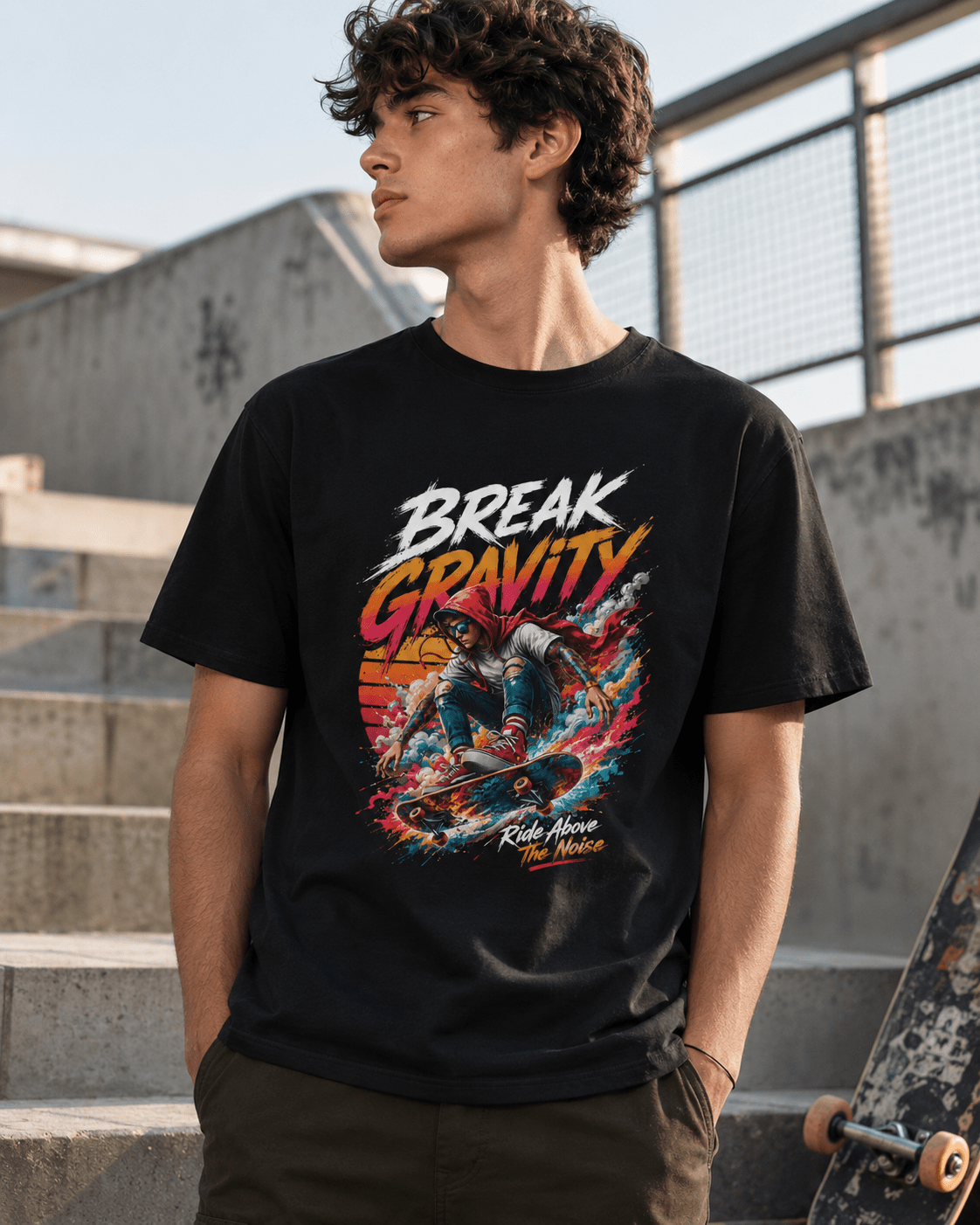 A young man wearing a black graphic t-shirt with a colorful 'Break Gravity' design, standing on concrete stairs with a skateboard nearby.
