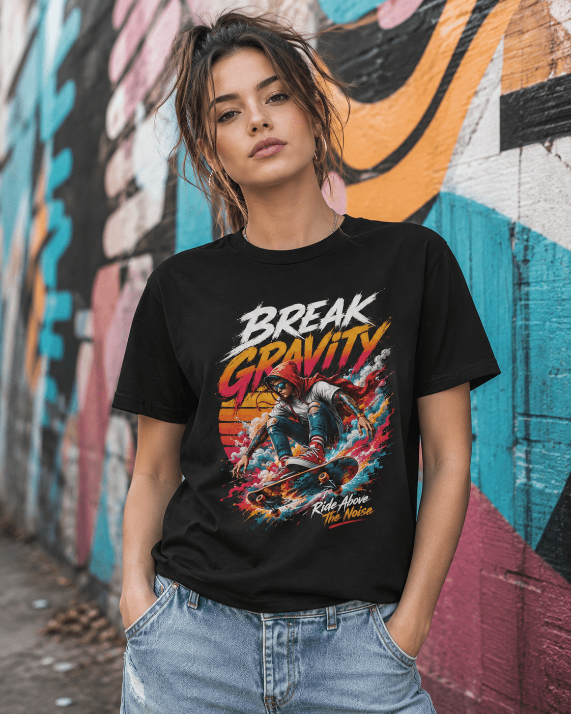 A woman wearing a black graphic t-shirt with a colorful 'Break Gravity' print, standing in front of a vibrant graffiti-covered wall.
