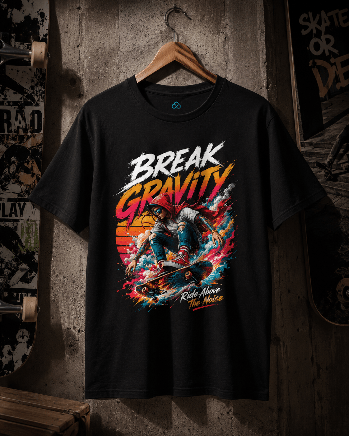 A black graphic t-shirt hanging on a wooden hanger against a rustic concrete wall. The shirt features a colorful graphic of a skateboarder with the text 'BREAK GRAVITY' and 'Ride Above the Noise' in stylized white, orange, and yellow lettering.