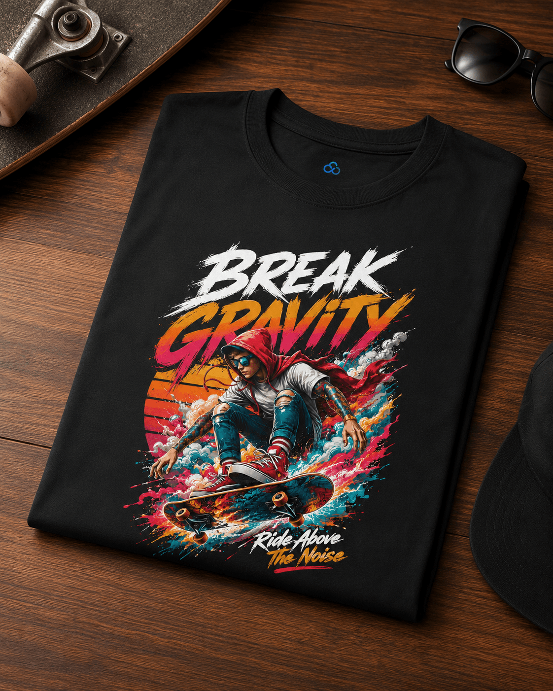 A black graphic t-shirt laid flat on a wooden surface, featuring a colorful skateboarder design with the text 'BREAK GRAVITY' and 'Ride Above The Noise'.