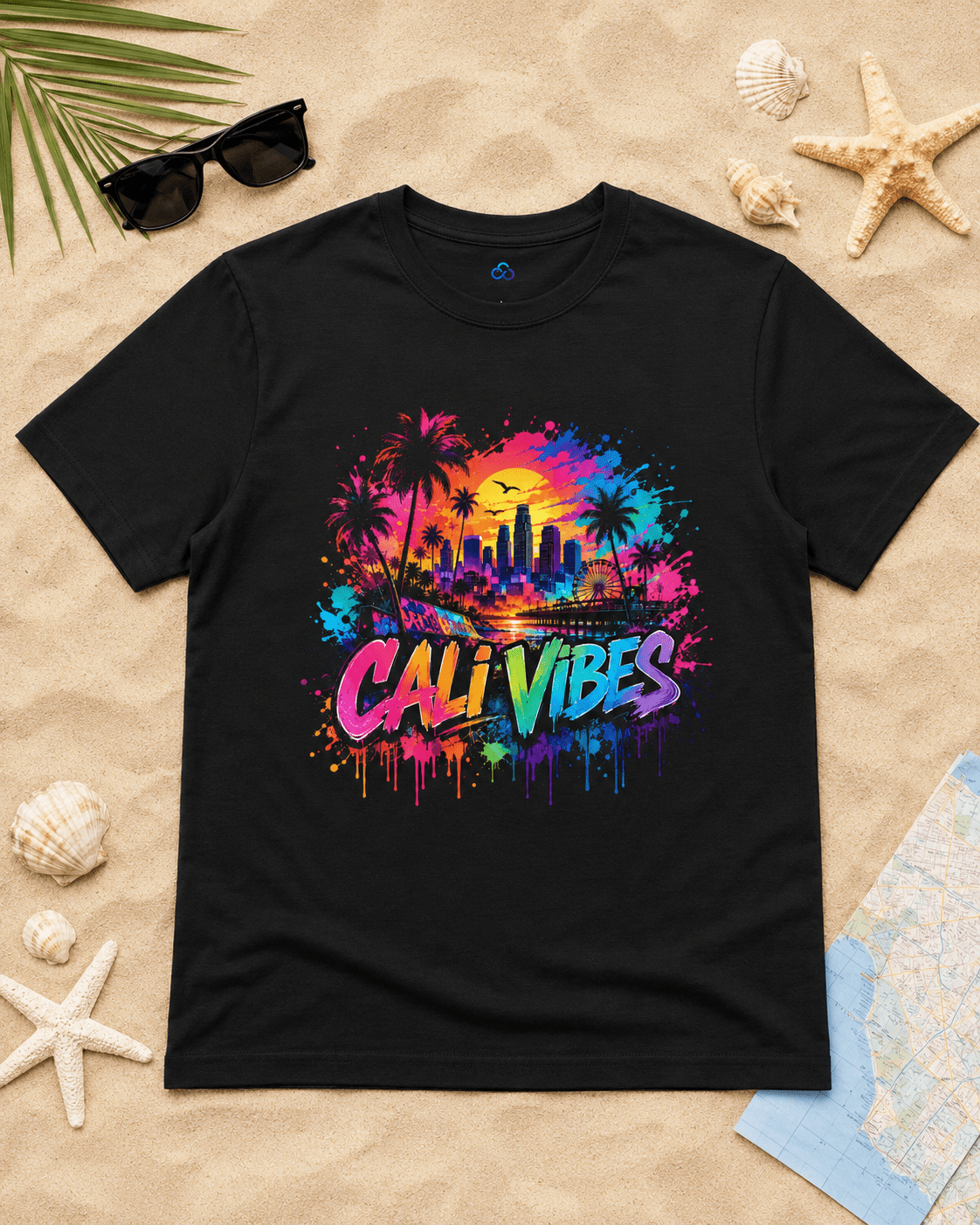 A black short-sleeve t-shirt laid flat on a sandy background with beach-themed props including sunglasses, starfish, shells, and a map. The shirt features a colorful retro-style graphic with palm trees, a sunset gradient, city skyline silhouettes, and the words 'CALI VIBES' in large neon letters.