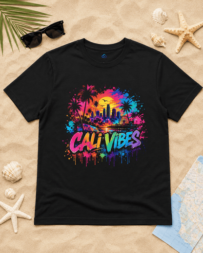 A black short-sleeve t-shirt laid flat on a sandy background with beach-themed props including sunglasses, starfish, shells, and a map. The shirt features a colorful retro-style graphic with palm trees, a sunset gradient, city skyline silhouettes, and the words 'CALI VIBES' in large neon letters.