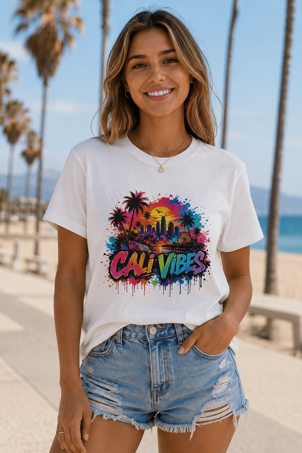 A woman wearing a white graphic t-shirt with a colorful 'CALI VIBES' palm tree print, paired with distressed denim shorts, standing on a sunny beach path with palm trees and the ocean in the background.