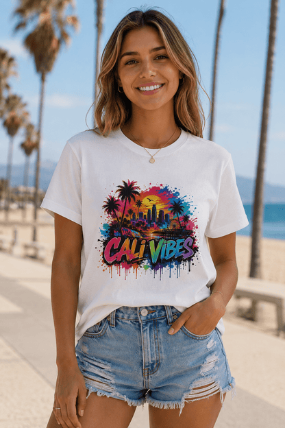 A woman wearing a white graphic t-shirt with a colorful 'CALI VIBES' palm tree print, paired with distressed denim shorts, standing on a sunny beach path with palm trees and the ocean in the background.